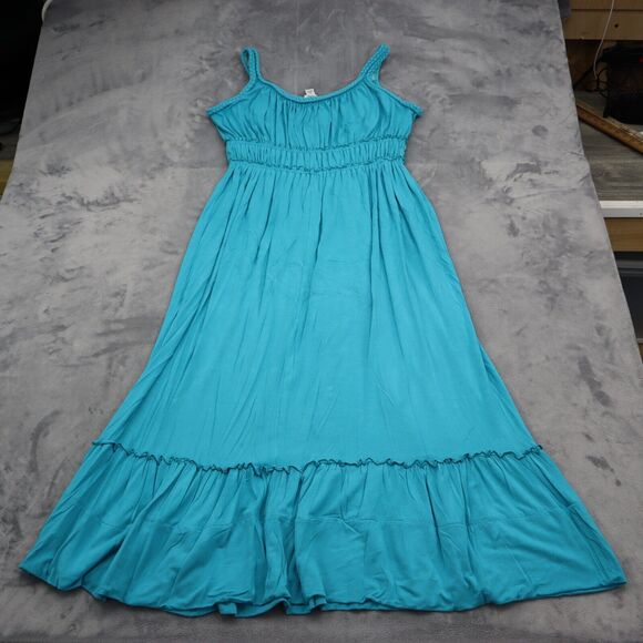 Charming Charlie Dress M Blue Long Fit Flare Sleeveless Pleated Knit Stretch - Picture 8 of 16